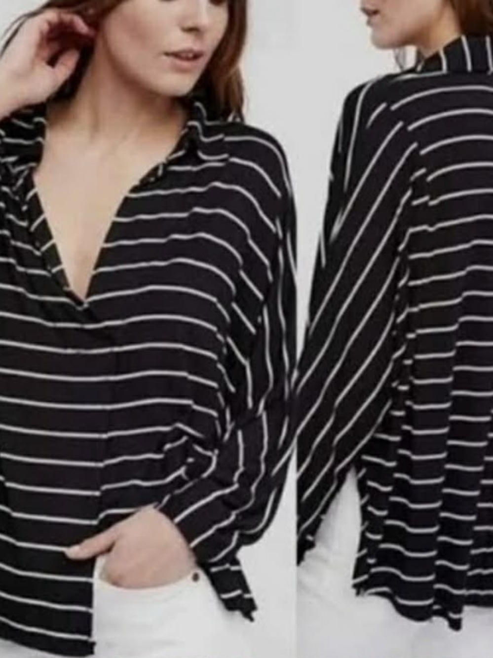 Women's Black Striped V-Neck Long Sleeve Top & Black Top